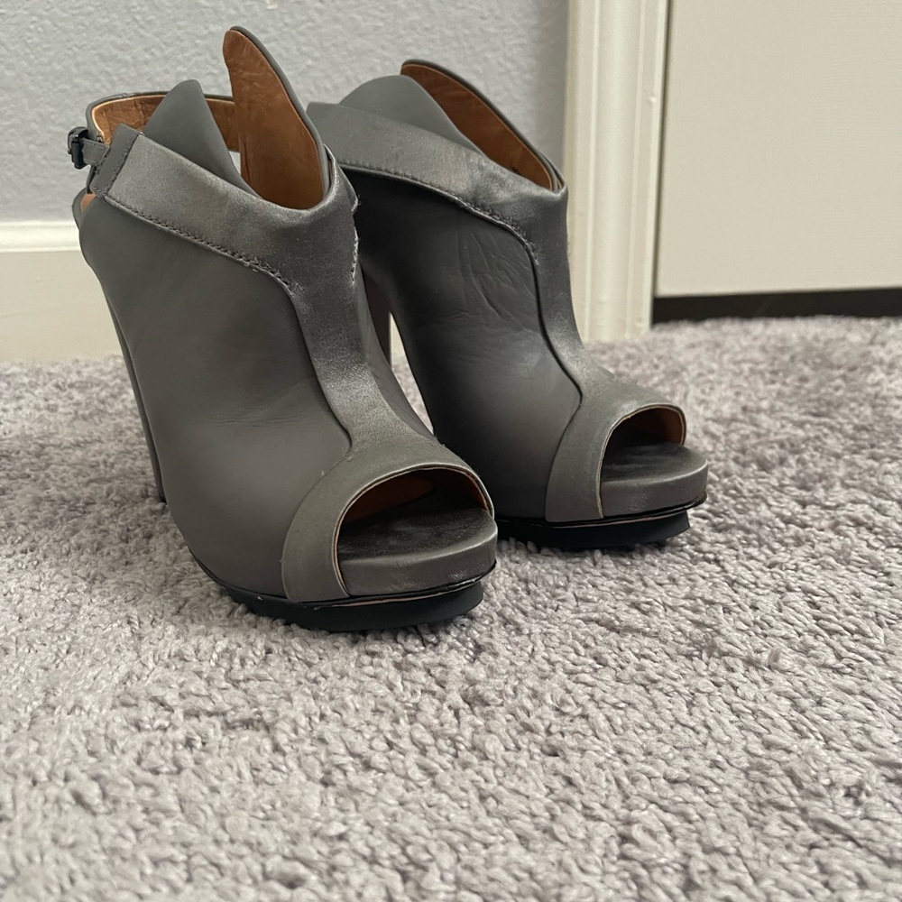 LAMB  Gray Peep Toe Leather Heeled Booties
